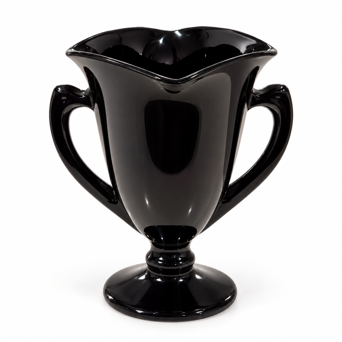 L.E. Smith black amethyst glass two-handled trophy vase with four-point square rim, 7 inches tall, on a white background