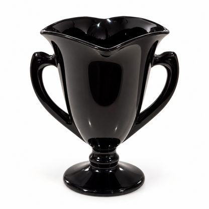 L.E. Smith black amethyst glass two-handled trophy vase with four-point square rim, 7 inches tall, on a white background