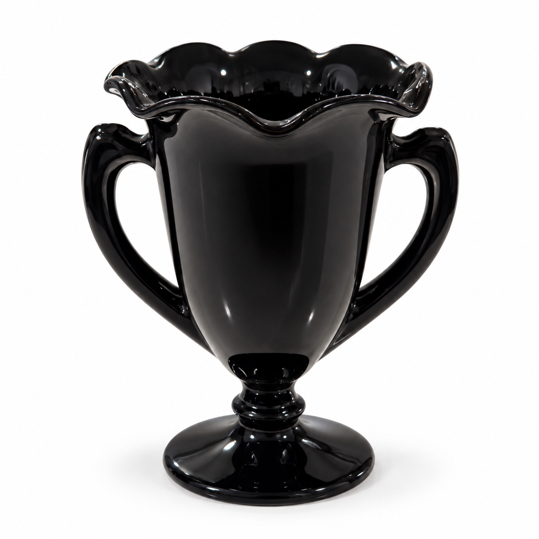 L.E. Smith black amethyst glass two-handled trophy vase with ruffled rim, 8 inches tall, on a white background