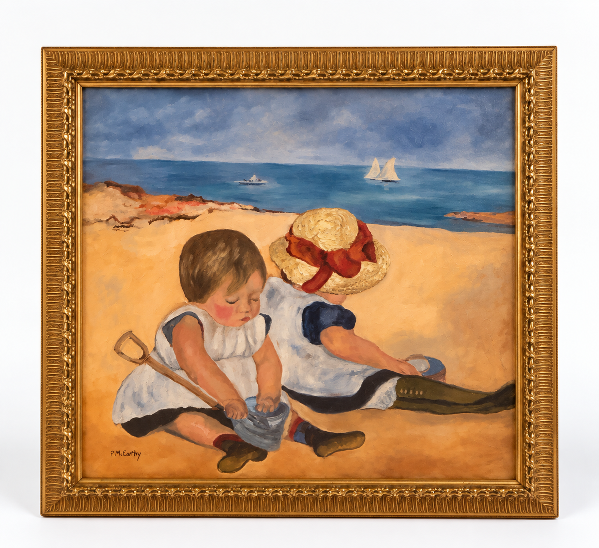 Pat McCarthy Vintage Beach Scene Painting, 32" x 32"