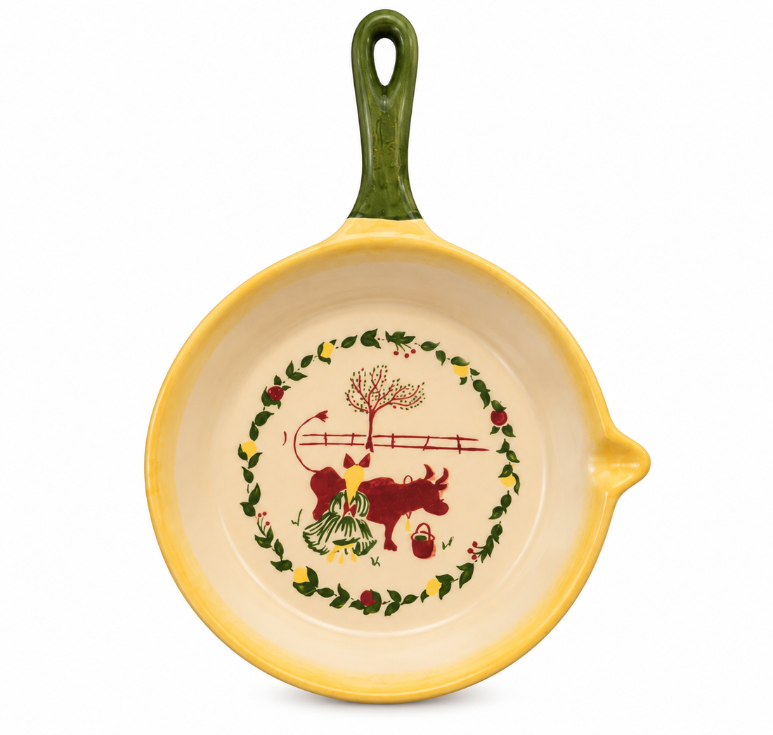 Vintage Brock California Ceramic Skillet with Yellow Rim &amp; Folk Art Farmhouse Design