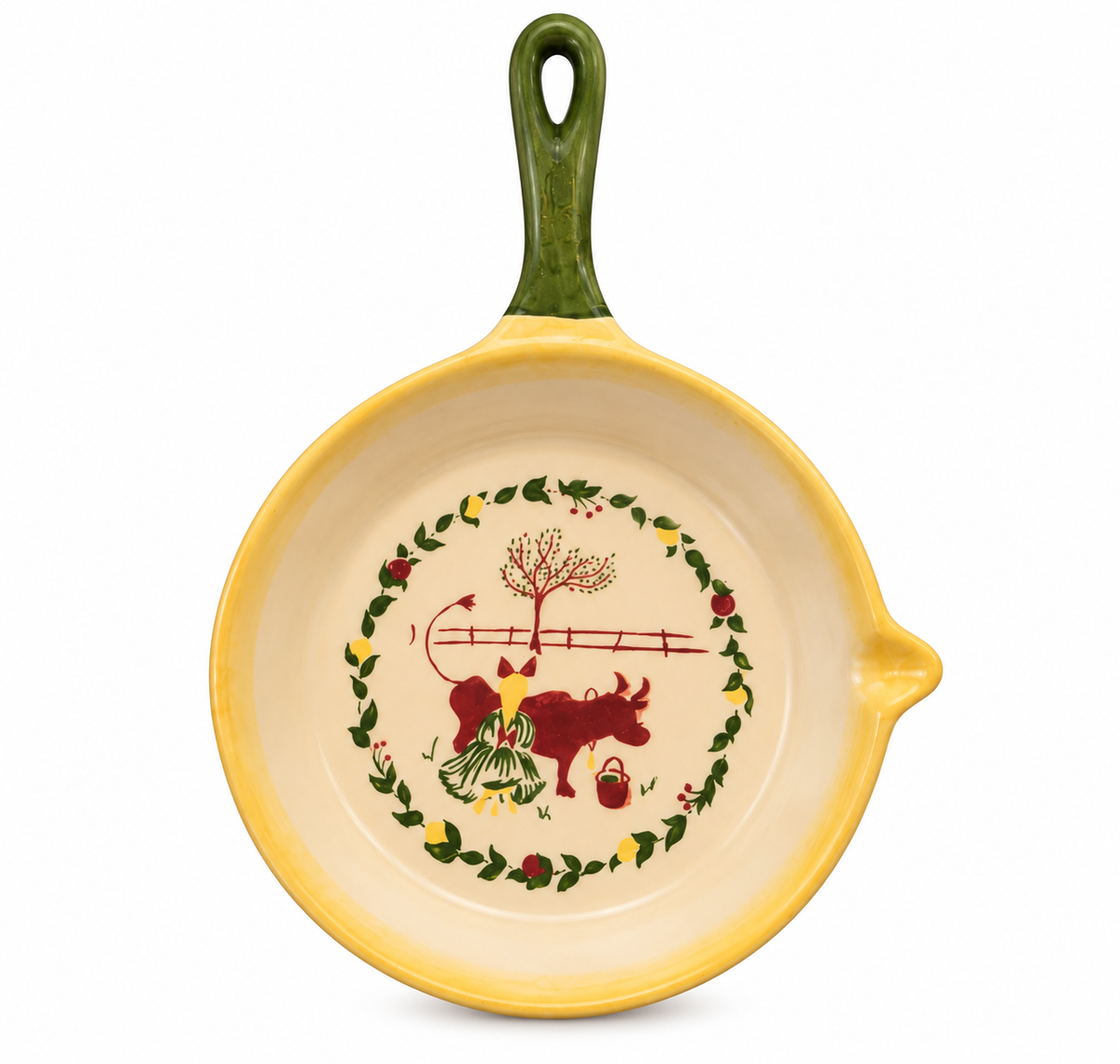 Vintage Brock California Ceramic Skillet with Yellow Rim &amp; Folk Art Farmhouse Design