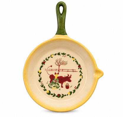 Vintage Brock California Ceramic Skillet with Yellow Rim &amp; Folk Art Farmhouse Design