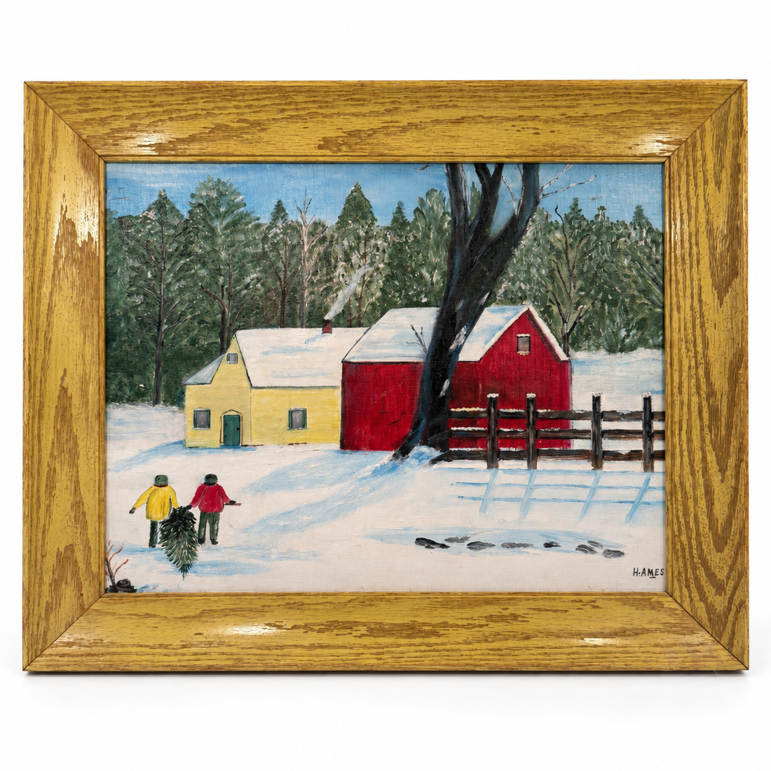 Vintage winter farm oil painting signed H. Ames in oak-grain frame, front view