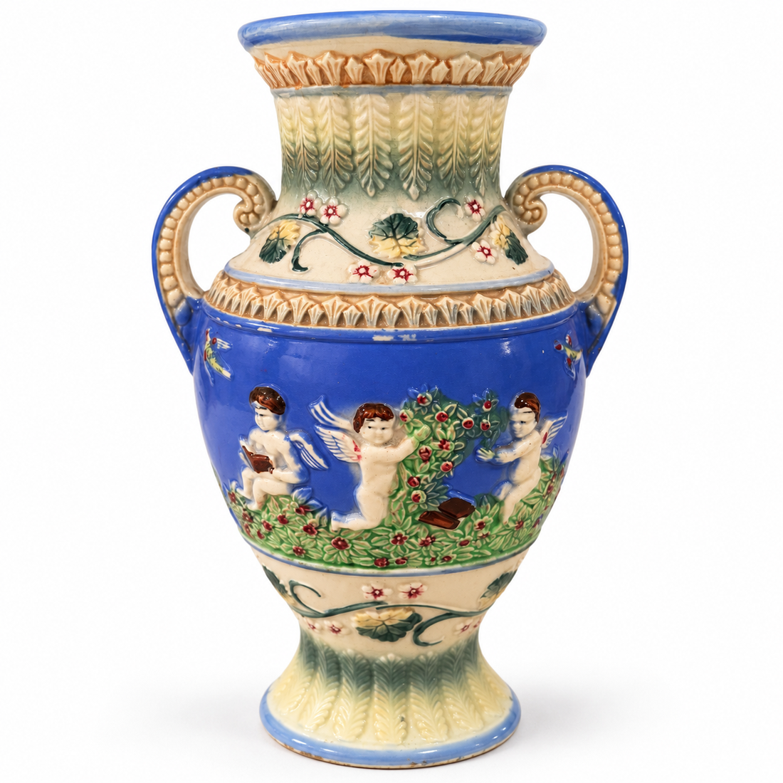 Cherub urn vase, front with three cherubs and rose bush, glaze chips under shoulder band