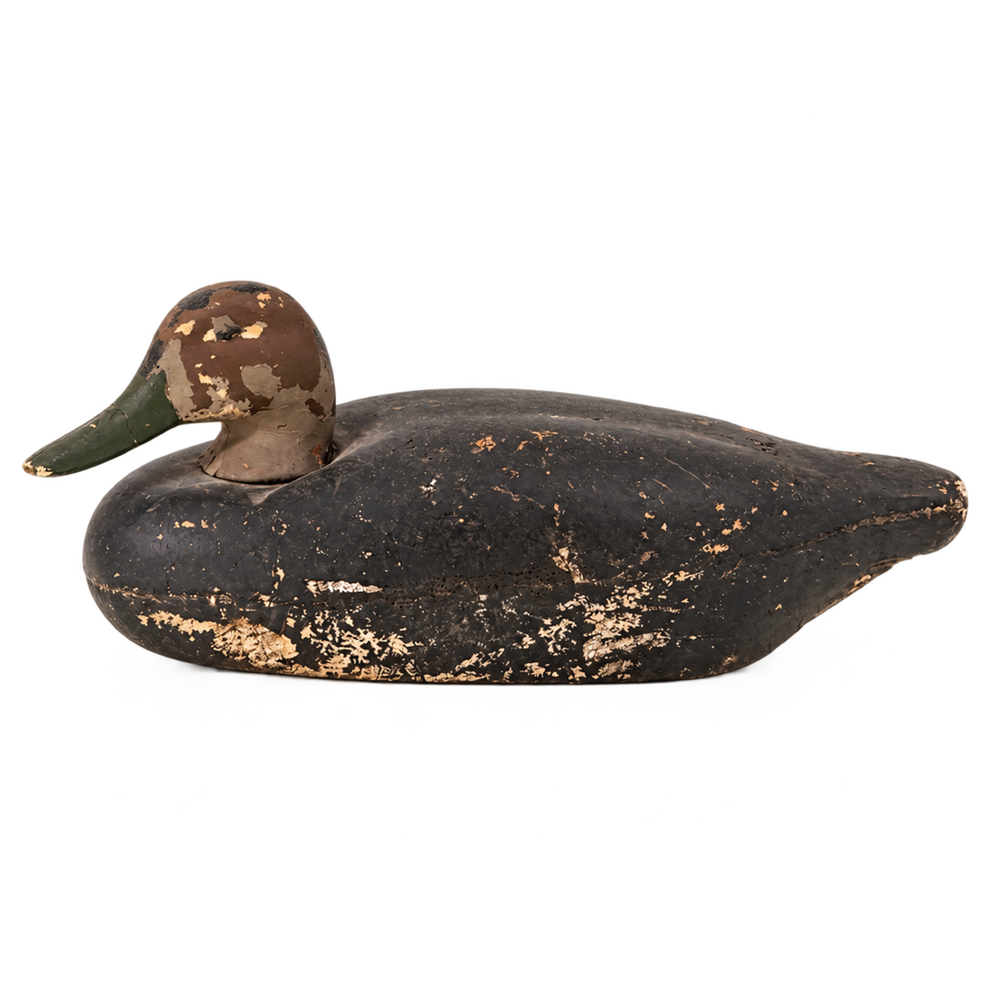 Vintage cork duck decoy, side profile, black cork body and painted wooden head