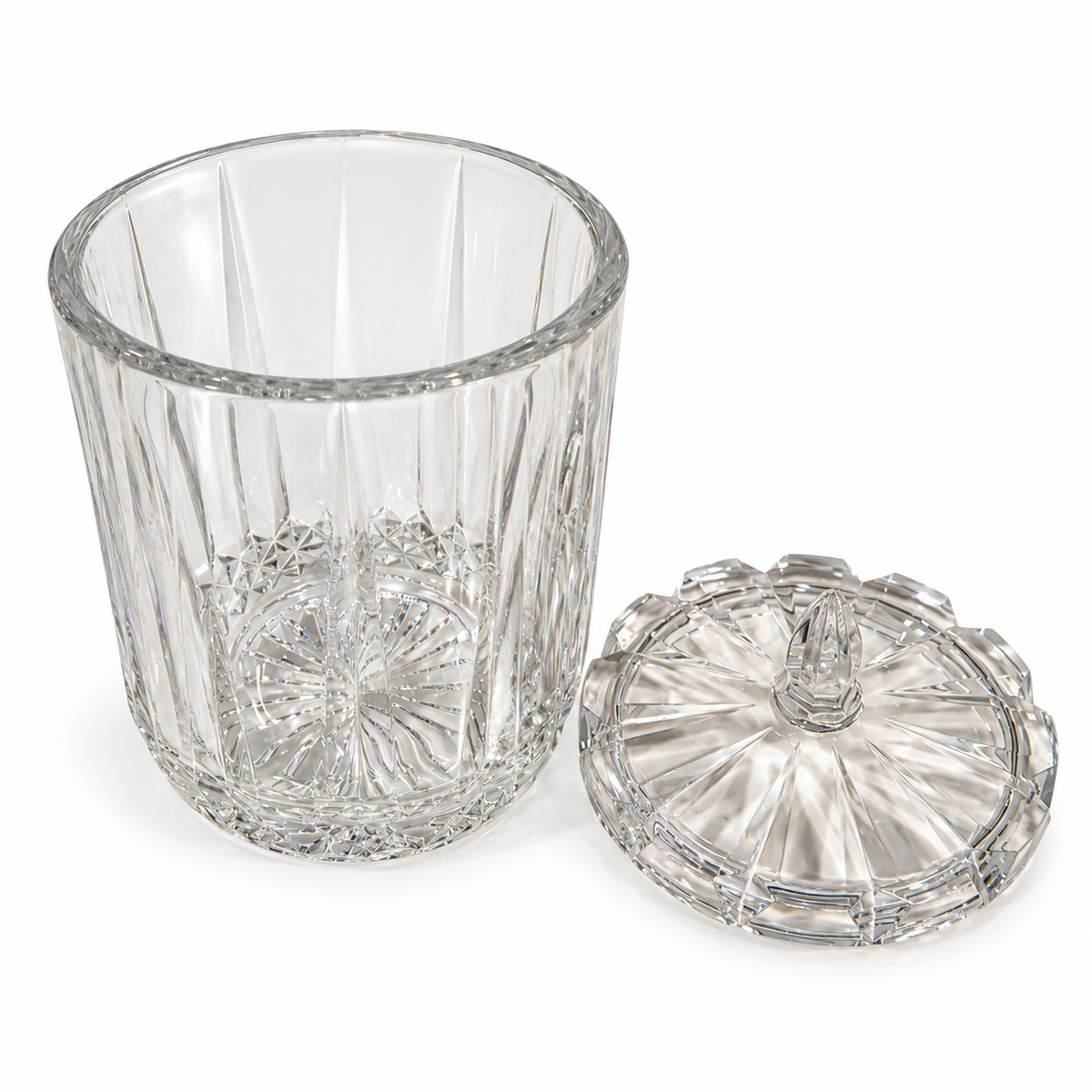 St. George Crystal Odyssey cut crystal jar with lid set beside it, on white background