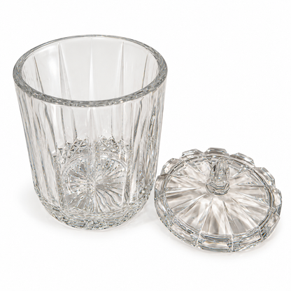 St. George Crystal Odyssey cut crystal jar with lid set beside it, on white background