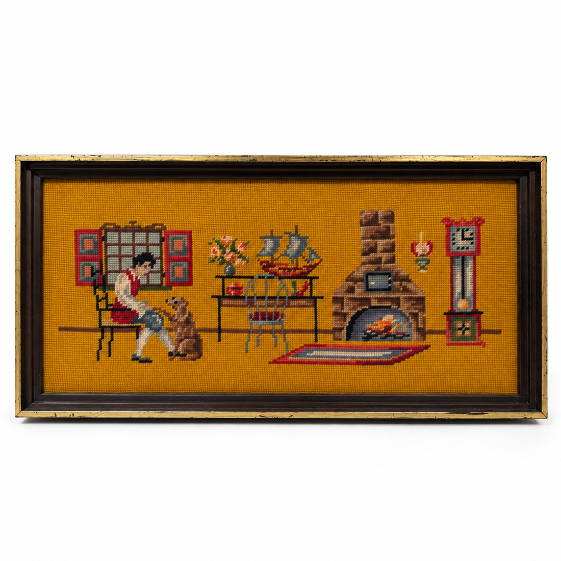 Vintage needlepoint colonial room scene with boy and golden dog, mustard ground, dark wood frame