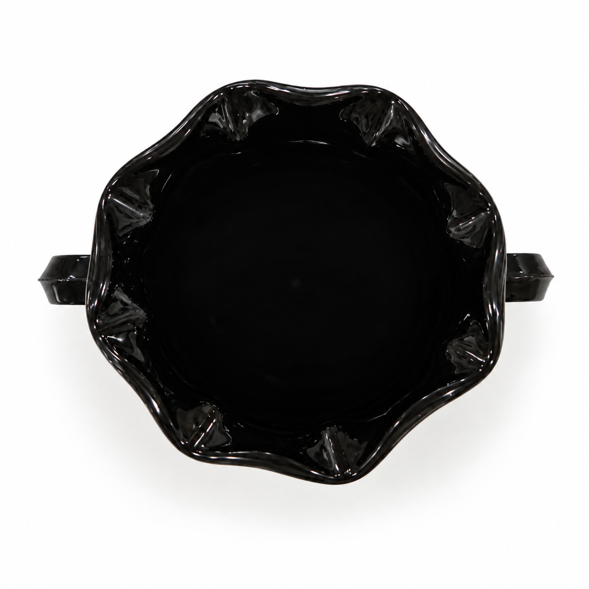 Looking down into the second black amethyst glass trophy vase of the pair, on white background