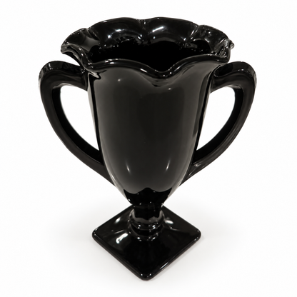 Single L.E. Smith black amethyst trophy vase with square foot, front view, on white background