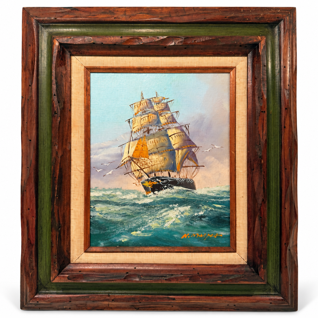 Vintage tall ship oil painting with linen liner and carved wood frame, front view