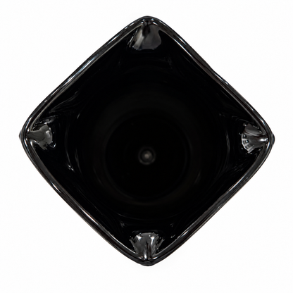 Looking down into L.E. Smith black amethyst trophy vase with square rim, on white background