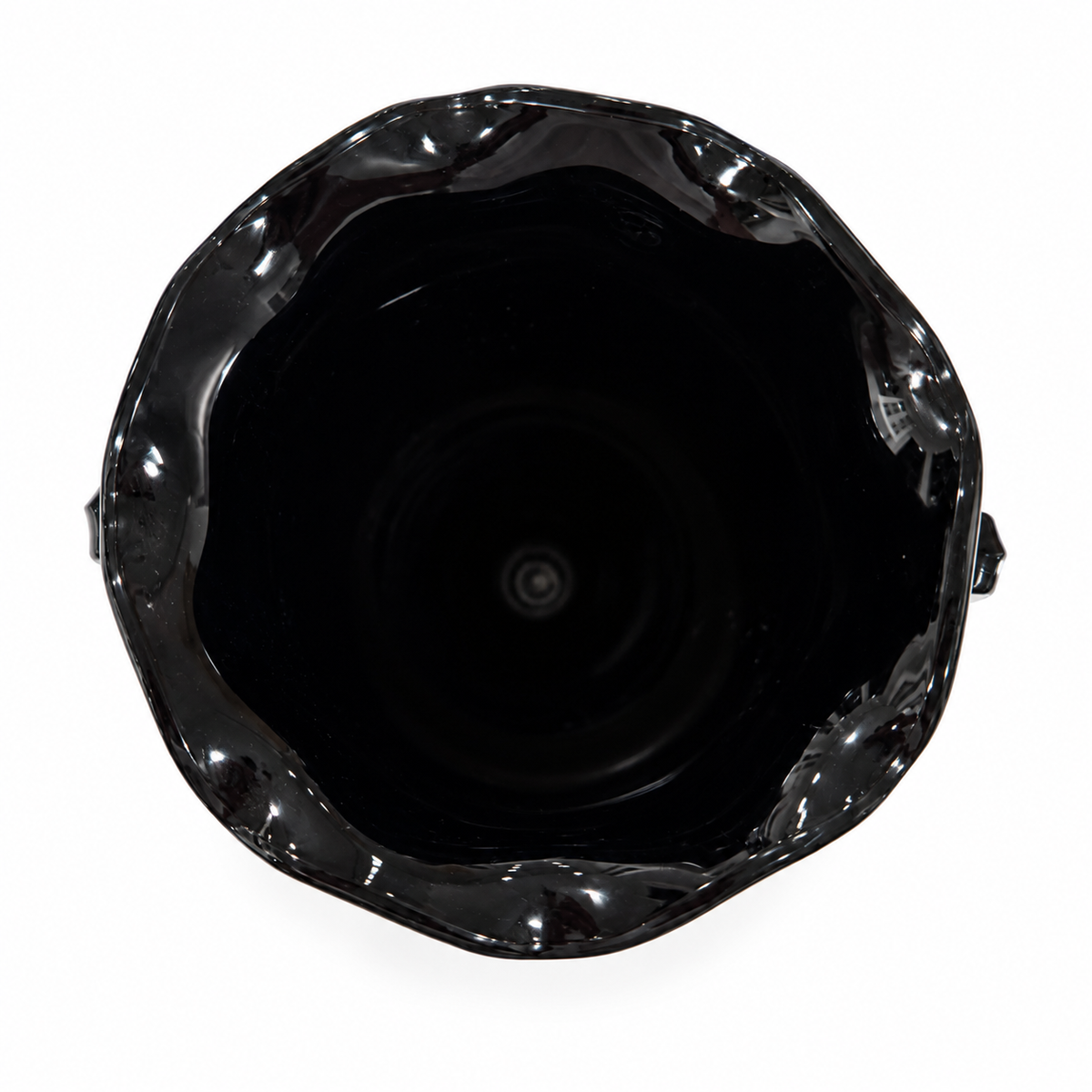 Looking down into L.E. Smith black amethyst trophy vase with ruffled rim, on white background