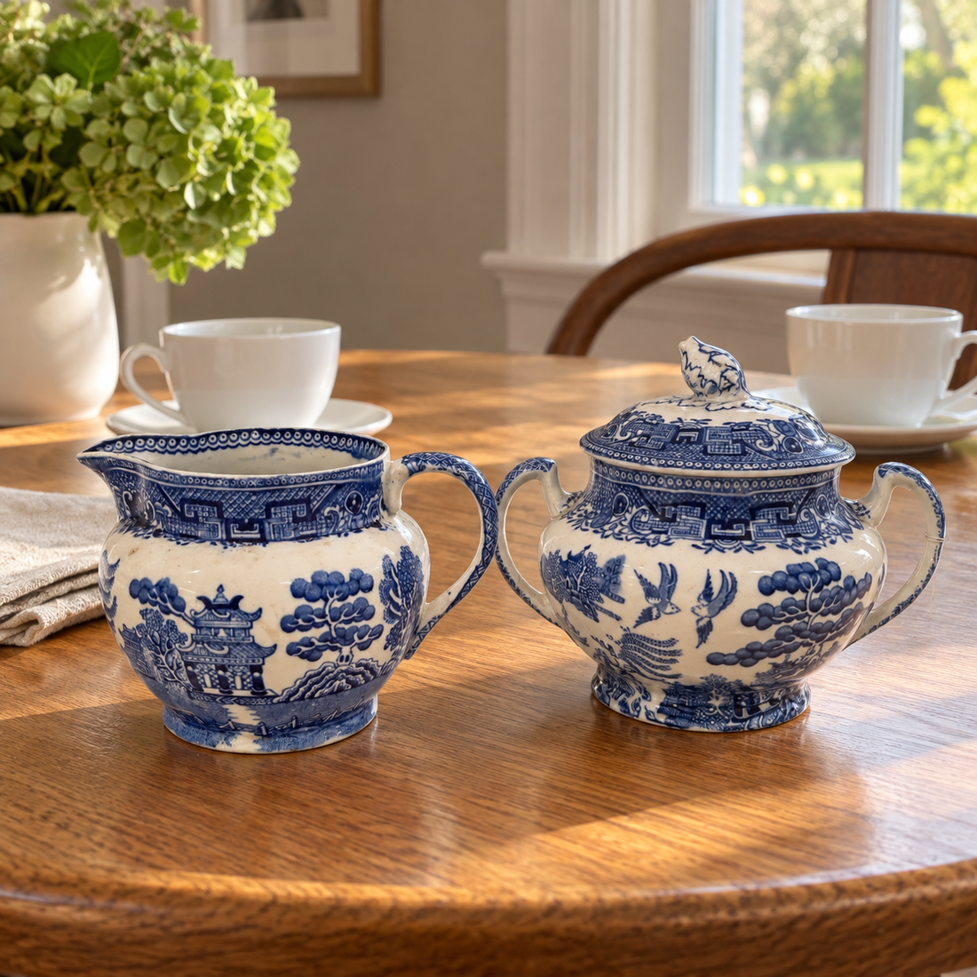 Adams Blue Willow creamer and covered sugar bowl on an oak breakfast table with white cups