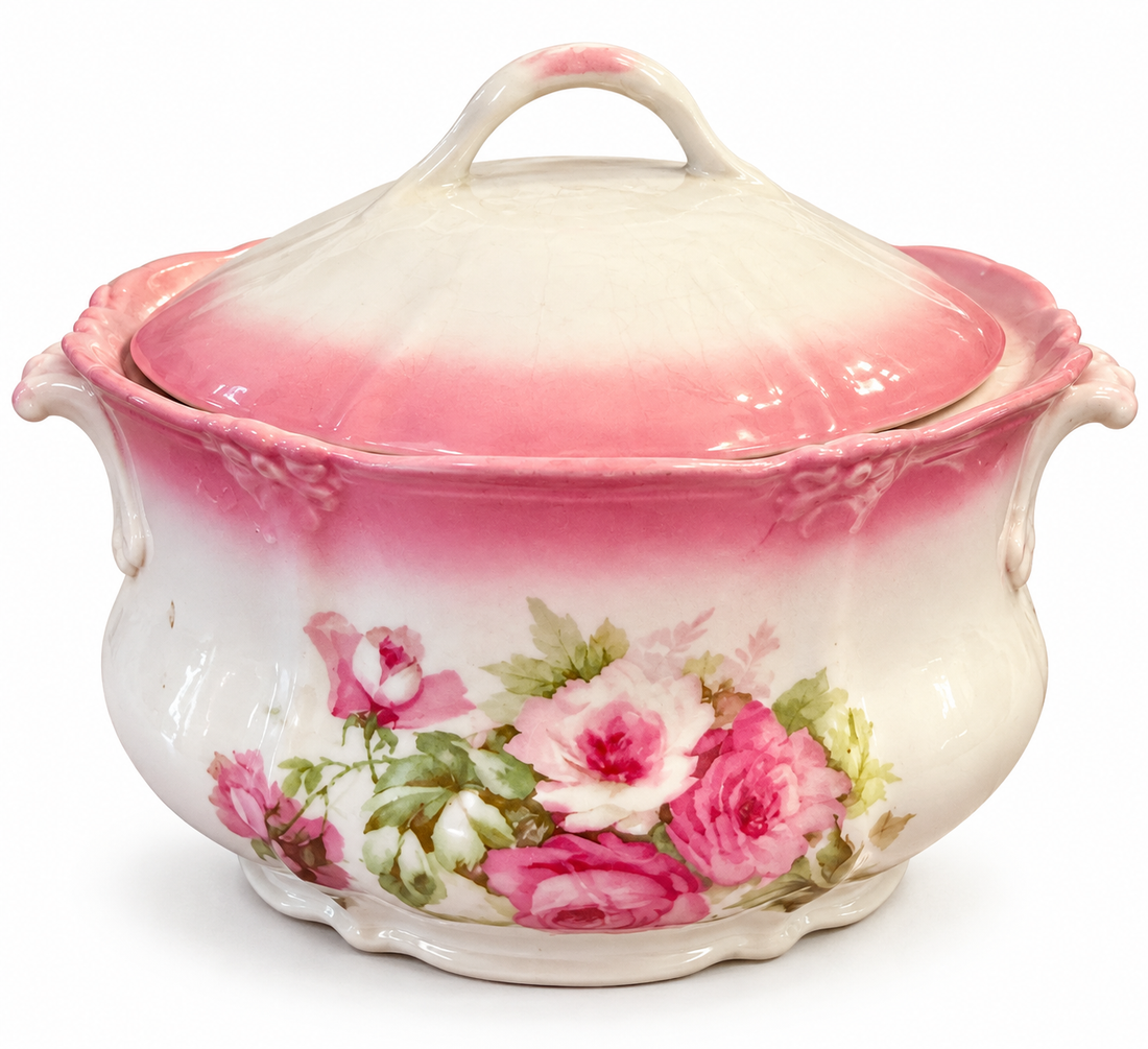 Vintage Pink Rose Porcelain Biscuit Jar with Lid