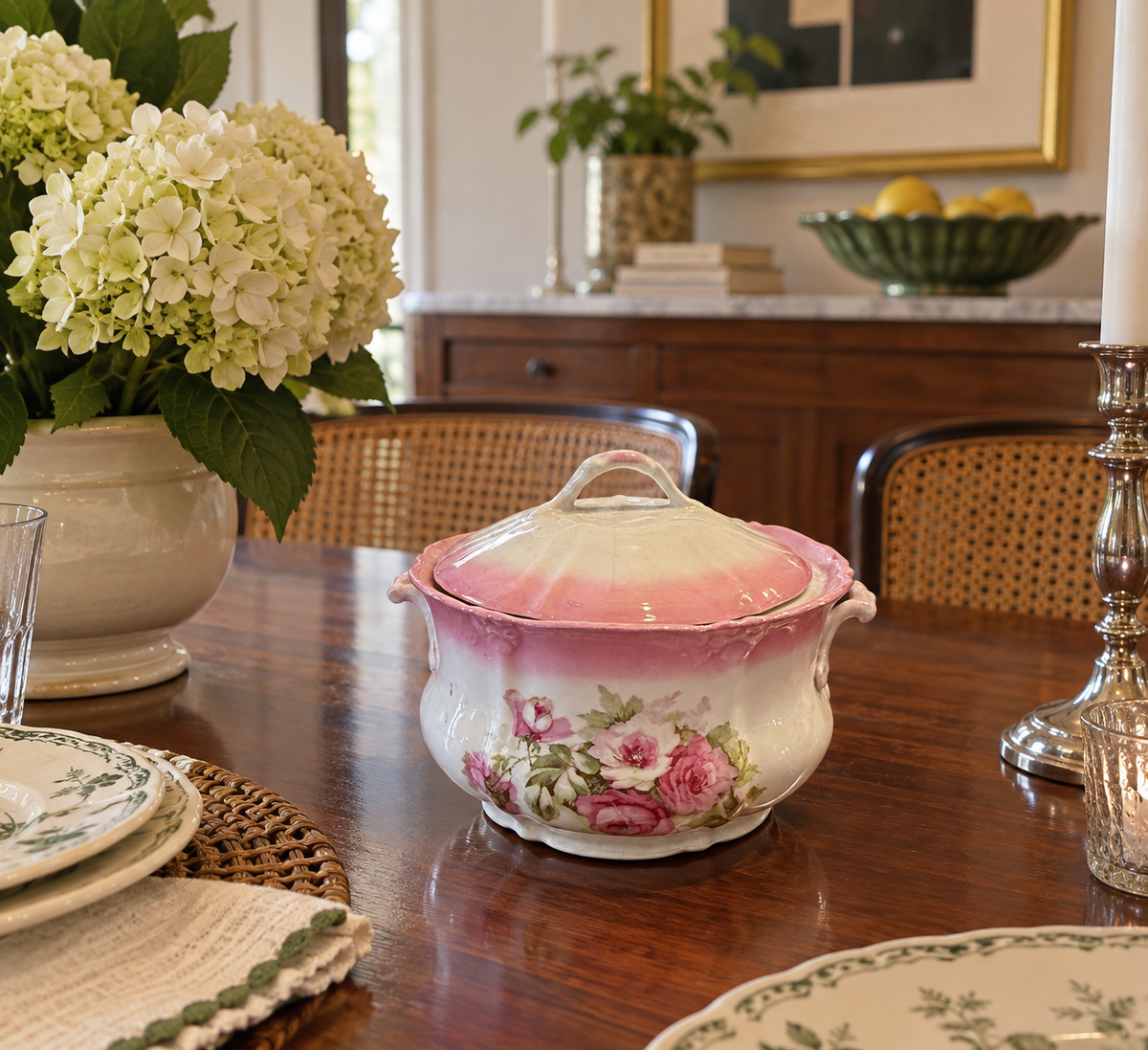 Vintage Pink Rose Porcelain Biscuit Jar with Lid