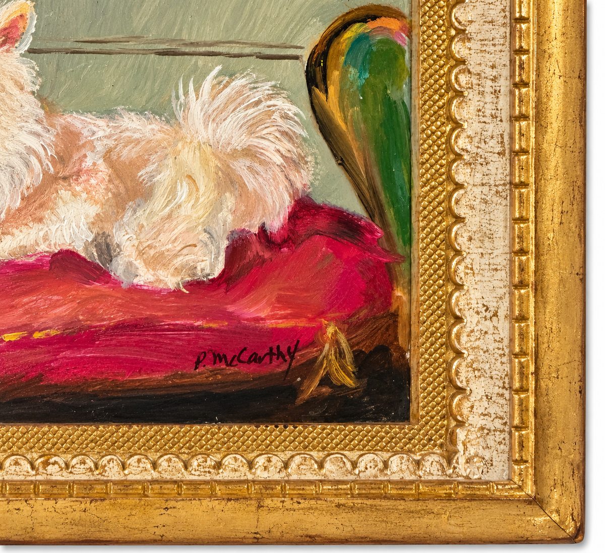 White dog on red cushion, frame