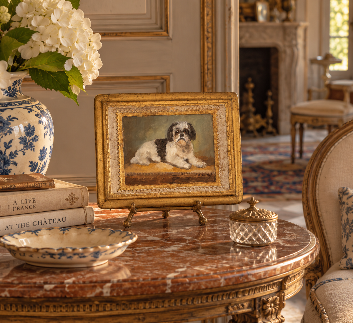 Pat McCarthy oil of a Shih Tzu resting on an ochre surface, gilt frame