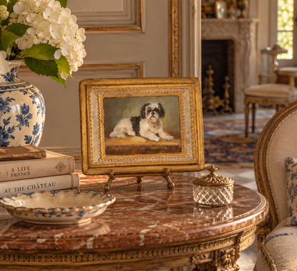 Pat McCarthy oil of a Shih Tzu resting on an ochre surface, gilt frame