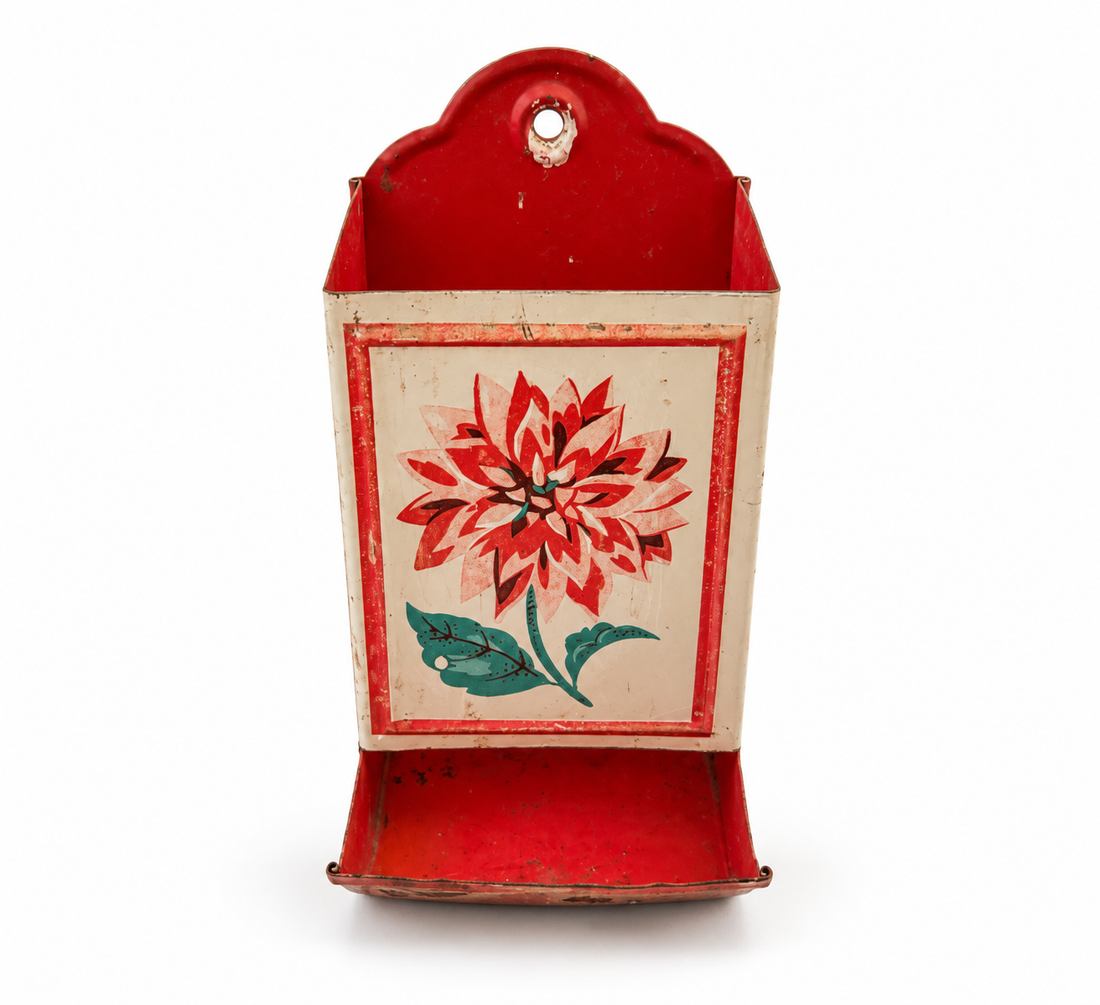 Vintage Red and Cream Floral Matchstick Holder – Decorative Wall Pocket